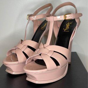SAINT LAURENT Tribute Platform Sandals in Blush Patent Leather